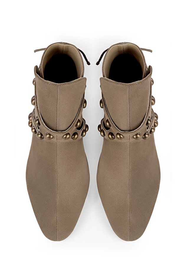 Tan beige women's ankle boots with laces at the back. Round toe. Medium flare heels. Top view - Florence KOOIJMAN